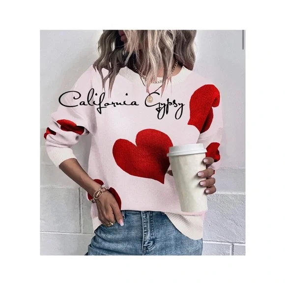 Heart Print Oversized V-Neck Knit Sweater - Picture 1 of 9